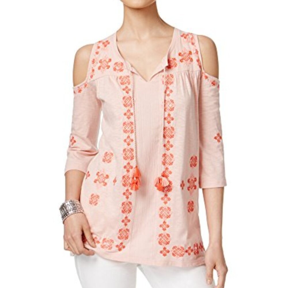 NWT Style & Co Women's Embroidered Cold Shoulder Blouse Top 3/4 Sleeve Coral M